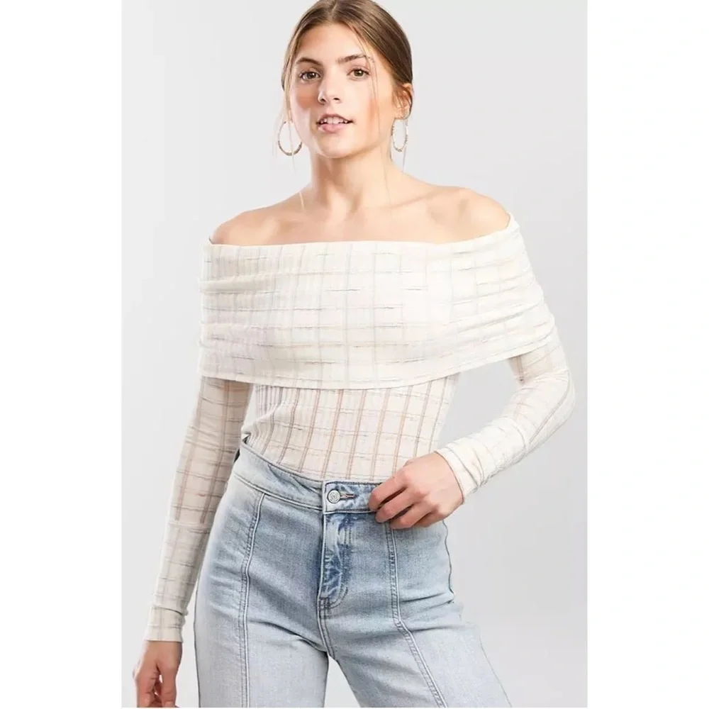 FREE PEOPLE Snowbunny Striped Off the Shoulder Metallic Long Sleeve Top L NWT.